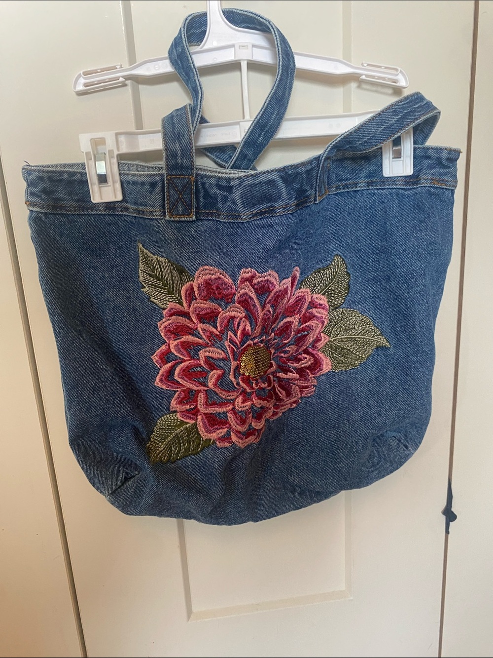 Denim Tote Bag with Pink Floral Embroidery